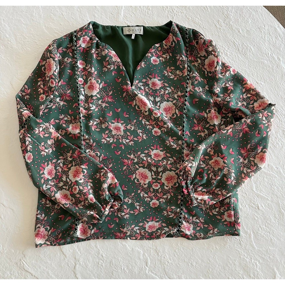 WAYF Pink Floral and Olive Green Crochet Blouse